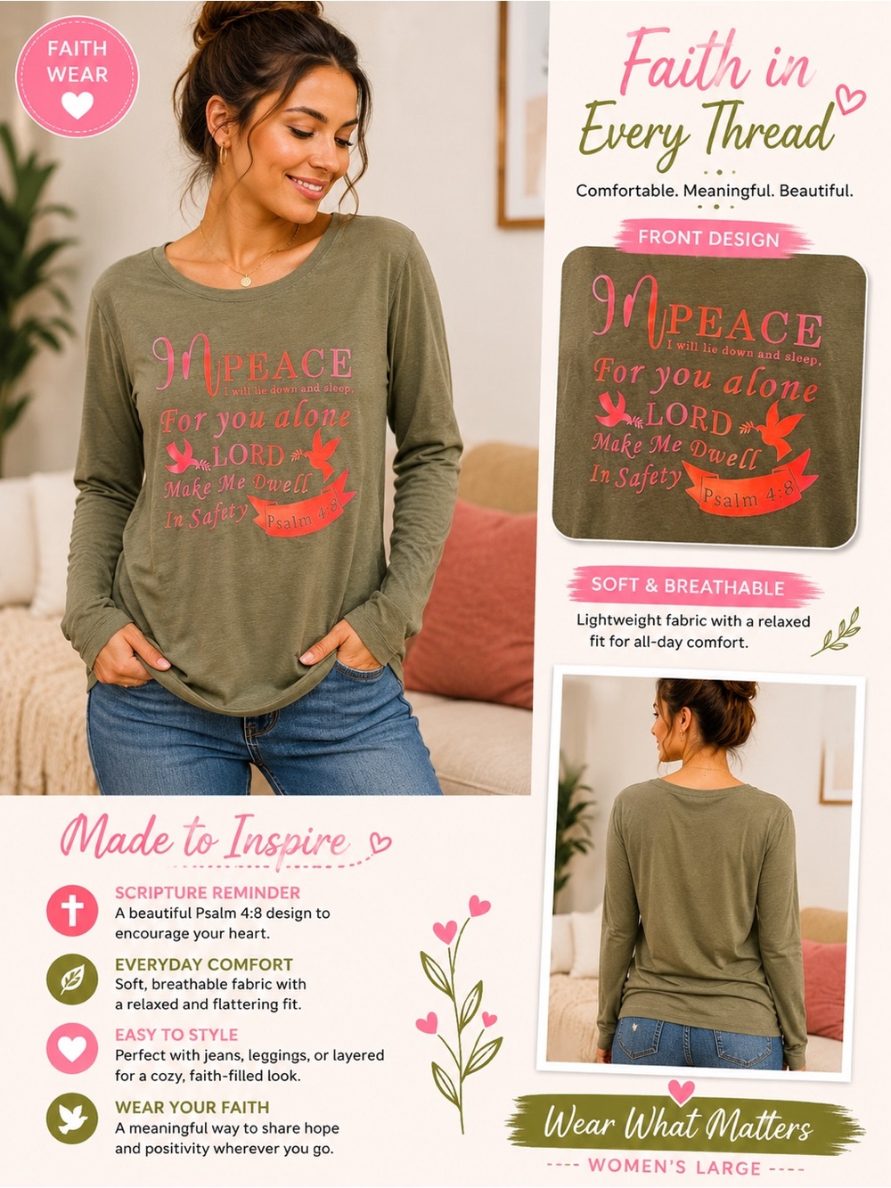 Hand Crafted Long Sleeve Tee in Olive Green with Pink Graphic
